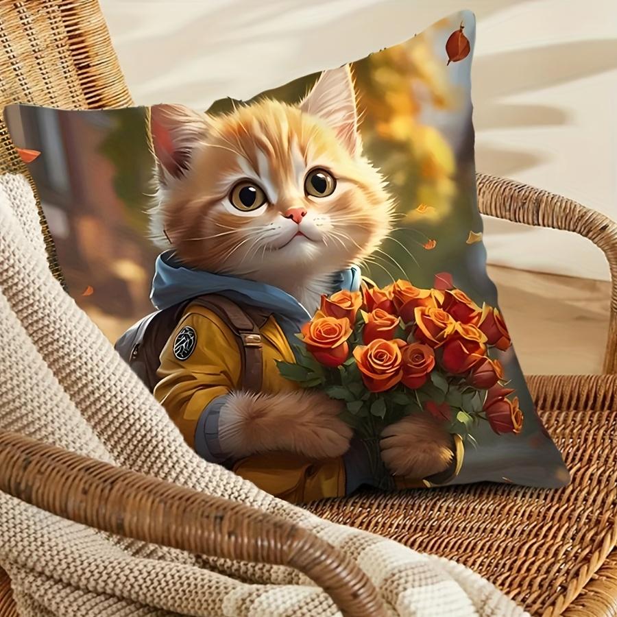 1pc Adorable Cat Print Pillowcase - 17, 7x17, 7 Inch, Cozy French Style, Machine Washable, Zippered Closure, 100% Polyester,Single-Sided Digital Print
