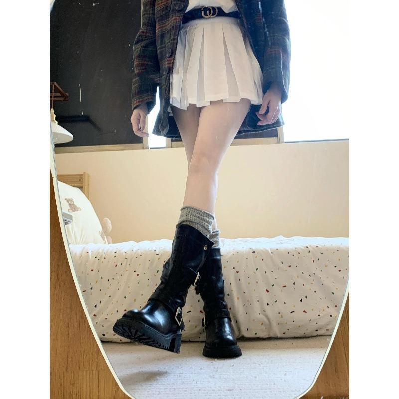 Platform British Style Boots Women's 2025 Autumn and Winter New Belt Buckle Mid Boots Rear Zipper Martin Boots Long Boots