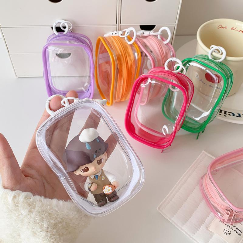 Transparent Pvc Plush Dolls Storage Pouch Square Earphone Organizer Purse With Keychain Anime Cartoon Toy Display Protector Case