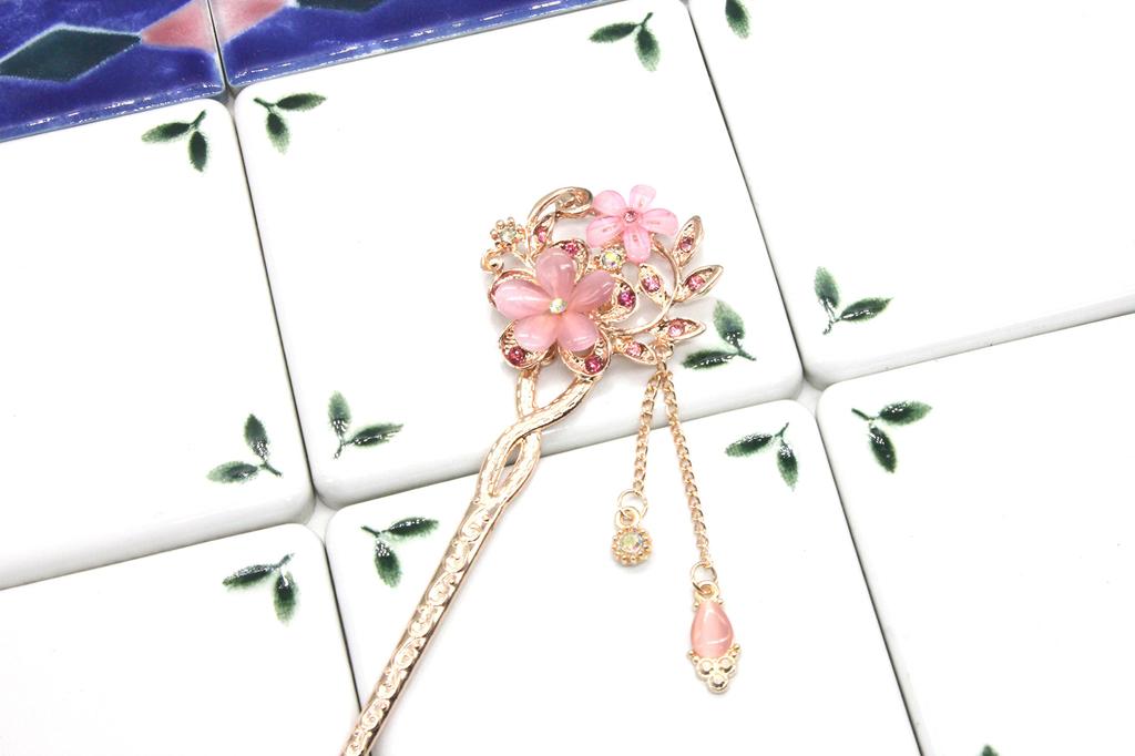 Miaomyao Single Japanese Hair Pink Pink Flower Cherry Hair Accessory [Miaomyao] Hairpin, Hairpin, Style, Tomesode, Ornament, Metal, Gold, Crystal,