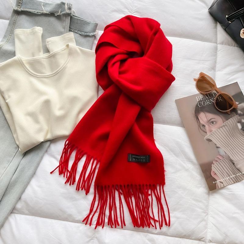 High-end pure wool scarf women's winter new camel red warm scarf long shawl