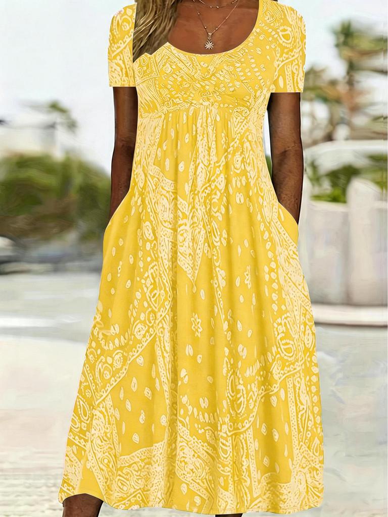 Europäisches & Amerikanisches Sommer Retro Print Mittelhoher Taillenlanger Kleid - Kurzarm, Rundhalsausschnitt, Bequemer Lässiger Stil Pullover
