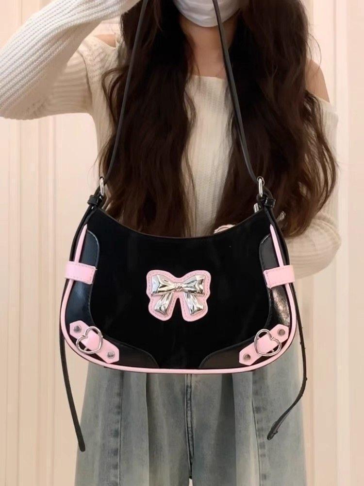 JIAERDI Sweet Cool Black Y2k Shoulder Bags Purse Women Hot Girls Bow Chic Cute Handbag Female Fairycore Underarm Bag Aesthetic