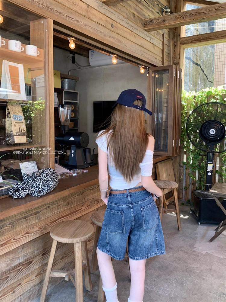 2025 Summer Women's Retro Blue High Waist Straight Leg Jeans - Versatile Petite Five-Point Shorts