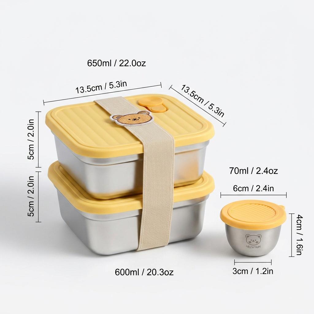 Reusable Bento Lunch Box For Students 304 Stainless Steel Fruit Salad Food Container With Sauce Box Dishwasher&Microwave Safe