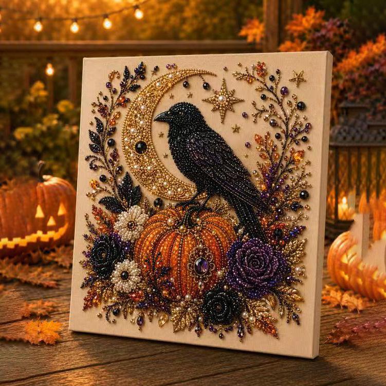 DIY Halloween Pearl Painting Raven Pumpkin Diamond Art Kit Handmade Festival Decoration 30x40cm