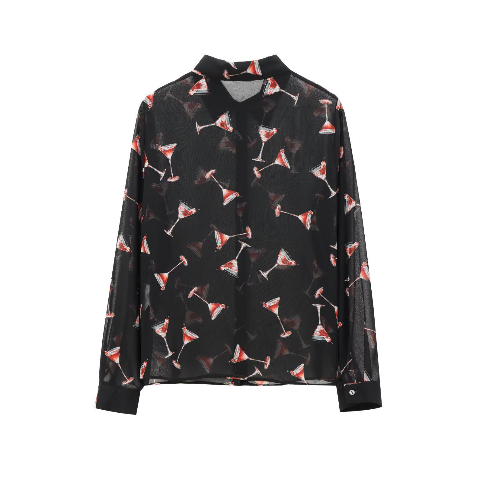 

European & American Style 2025 Spring Semi-Transparent Printed Lapel Long-Sleeve Women s Shirt Extra Small