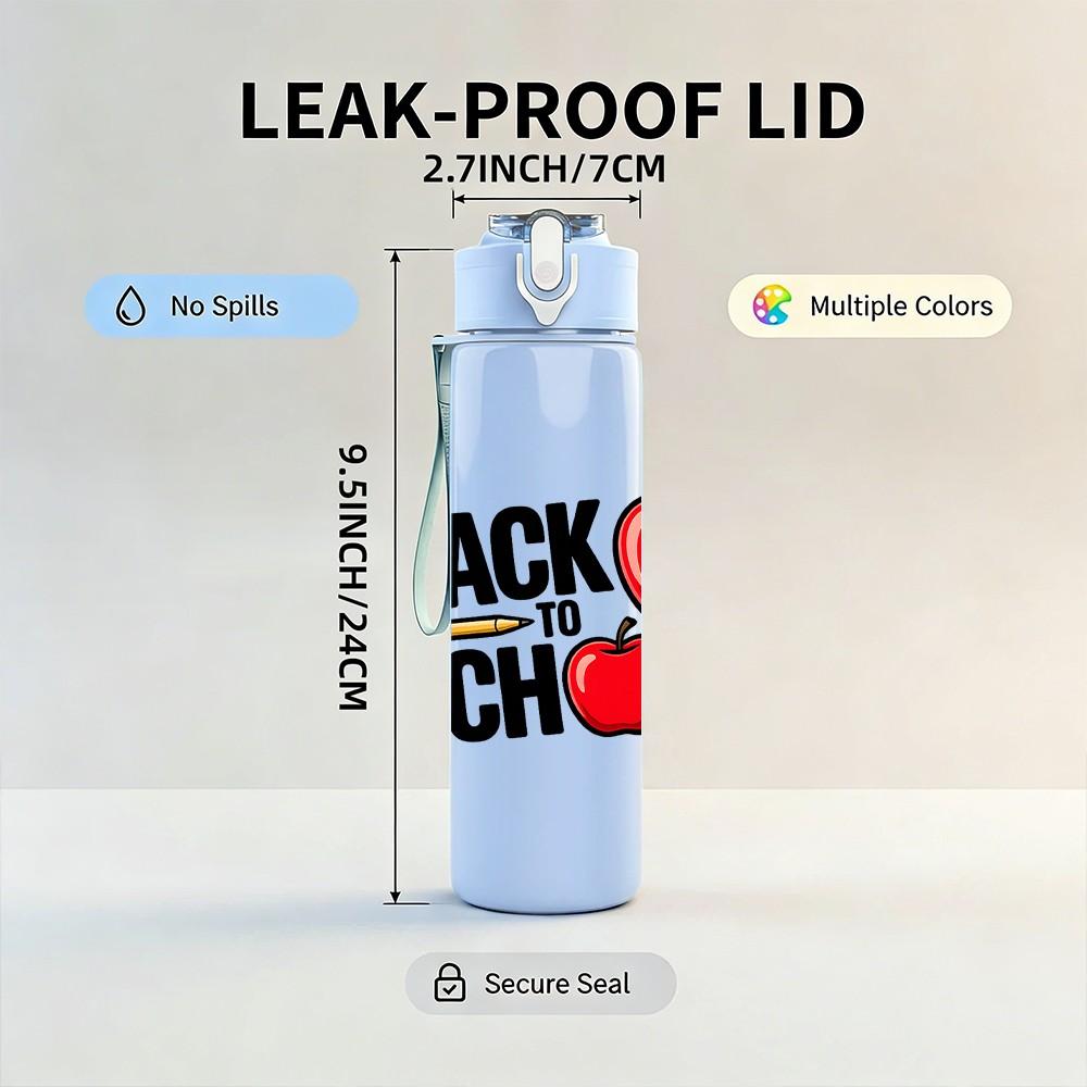 1PC Back To School Apple Book Theme 750ml Color Plastic Sports Water Bottle Leakproof Flip Straw Lid Suitable for Sports Office Home Use