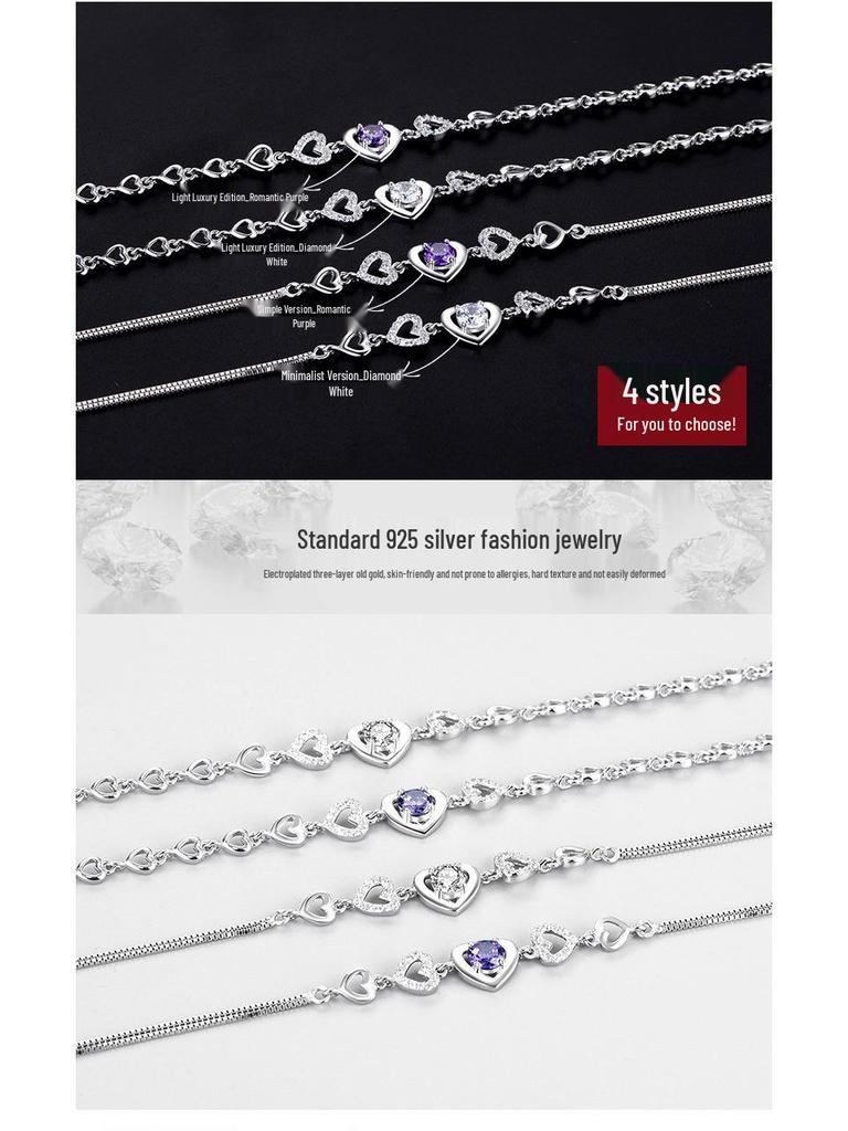 Zhenrong 925 Silver Heart Bracelet with Purple & White Diamonds