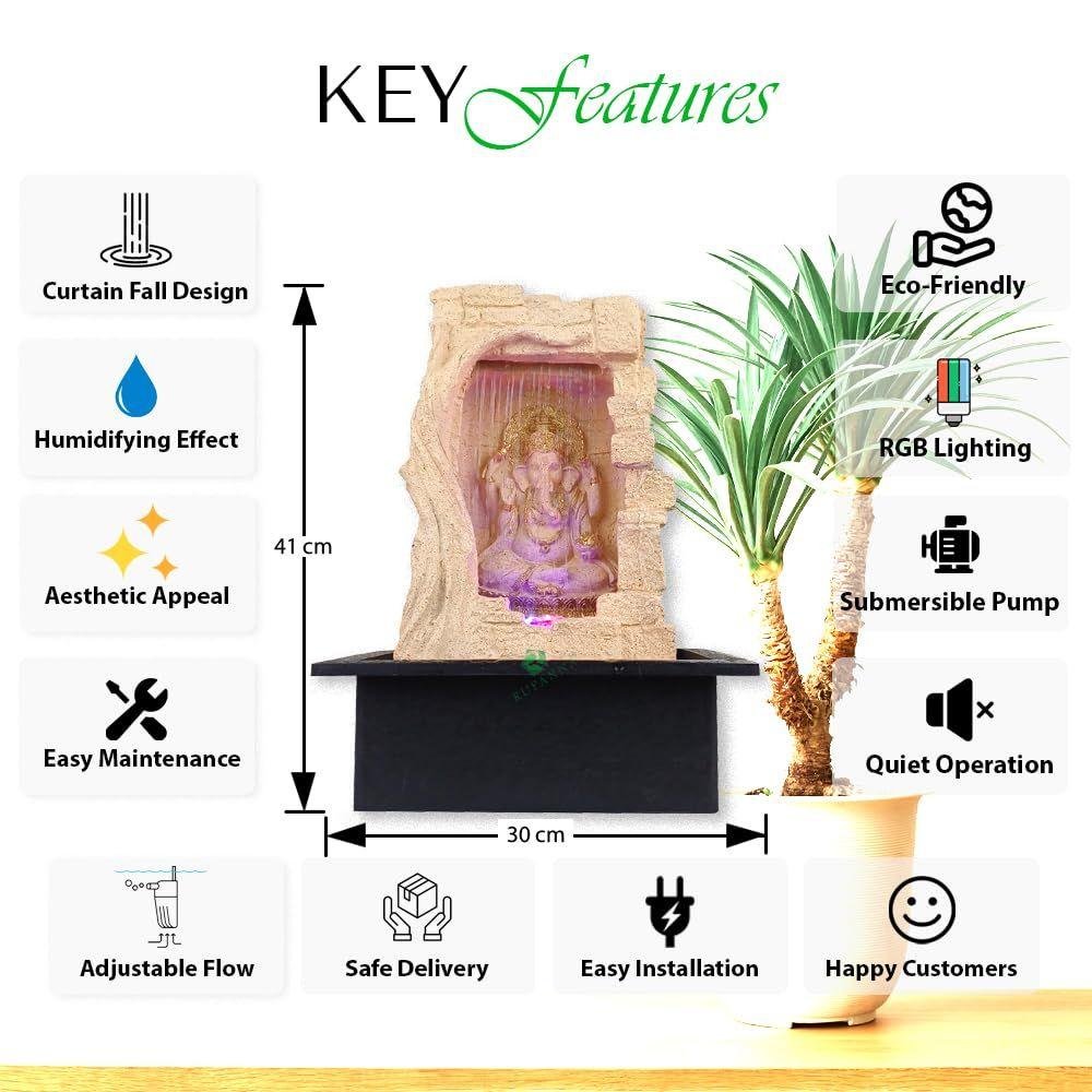 Stein Gufa Ganesha Tischbrunnen mit LED RGB Licht für Wohnkultur/Büro/Geschenk/Einweihungsgeschenk/Hochzeitsgeschenk (Beige Stone)