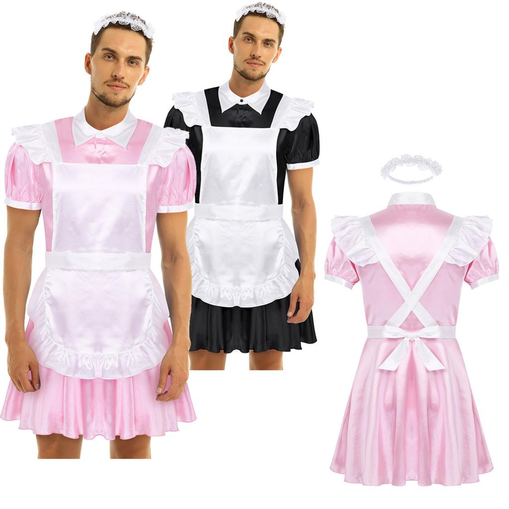 Men's Frilly Satin Flutter Sissy French Maid Dress Costume Crossdress Nightwear Pajamas