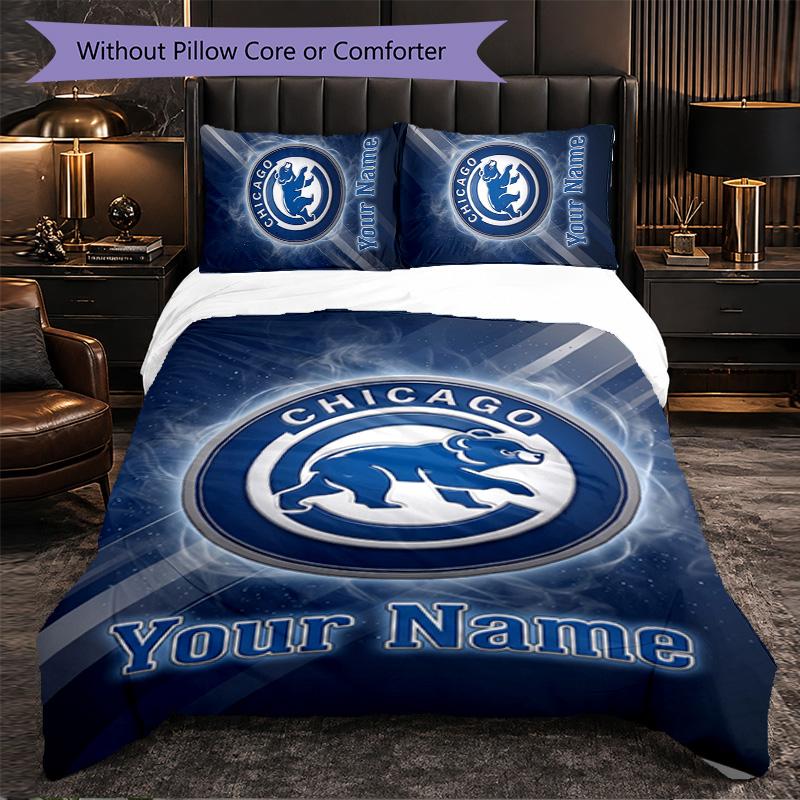 Chicago Cubs Customized Name Text Bedding Set, 1 Duvet Cover & 2 Pillowcases Personalized Bedroom Gift