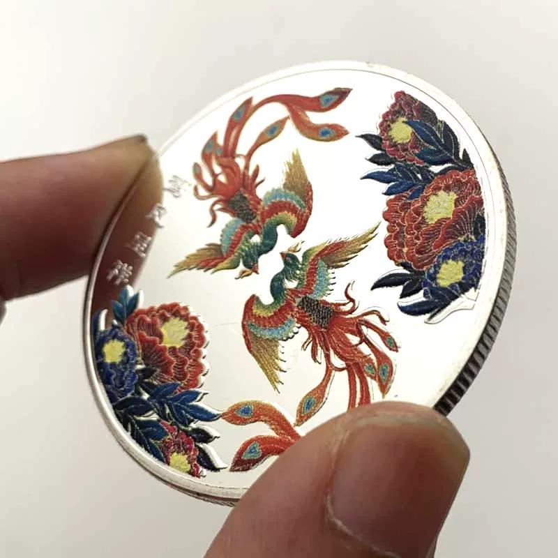 Chinese Phoenix Bird Gold Plated Painted Commemorative Medal, Baifu Craft 45mm Gold Coin Commemorative Coin