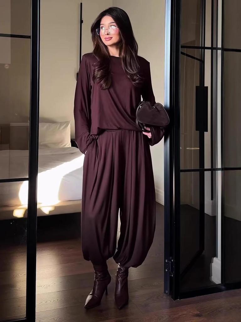 Spring 2026 Women's Solid Color Loose Long Sleeve Top & Wide Leg Pants Suit