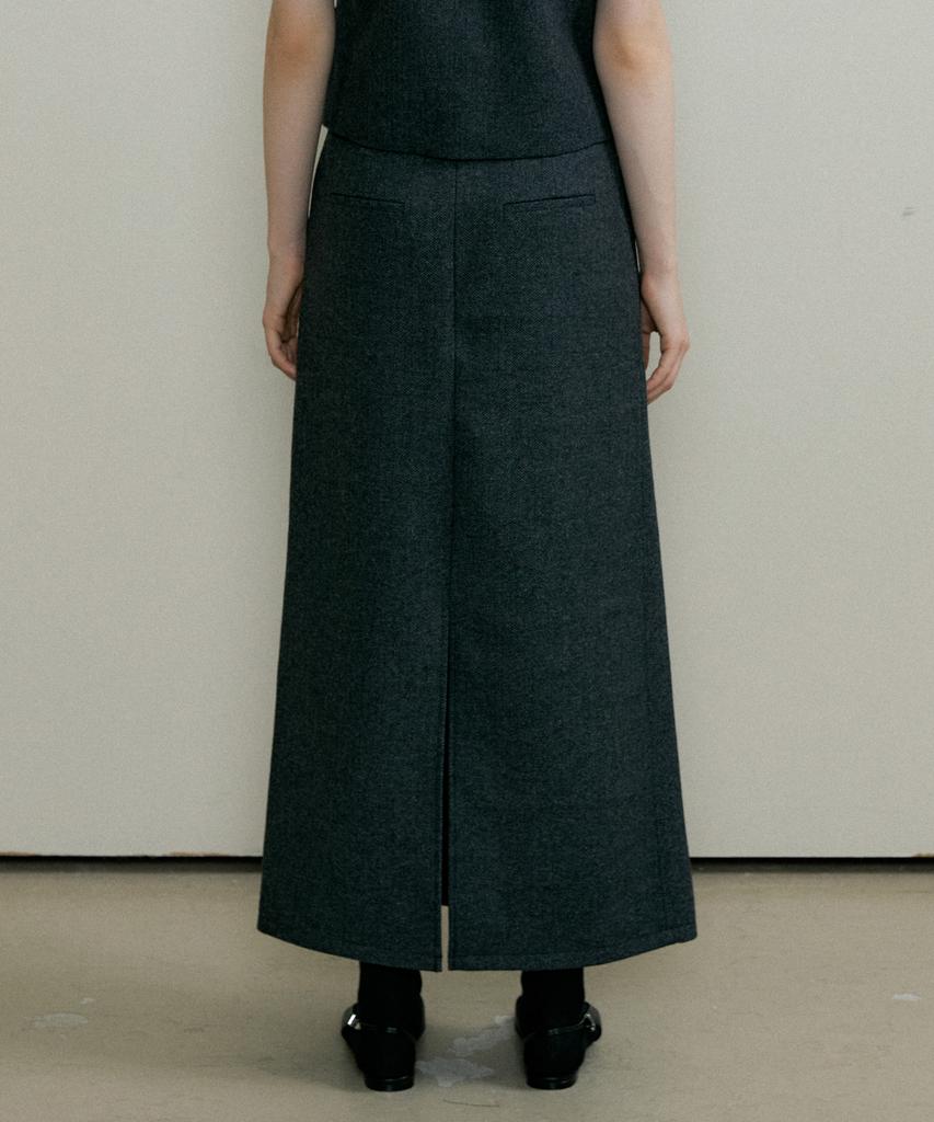 The Penny Wool Herringbone Long Skirt - Charcoal