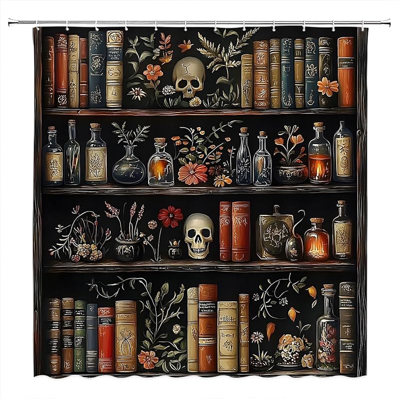 

Bookshelf Shower Curtain Vintage Medieval Bookcase Gothic Skull Flower Plant Spooky Magic Polyester Curtains Bathroom Decor with Hooks 70 Wx70 H 70 Wx70 H коричневий