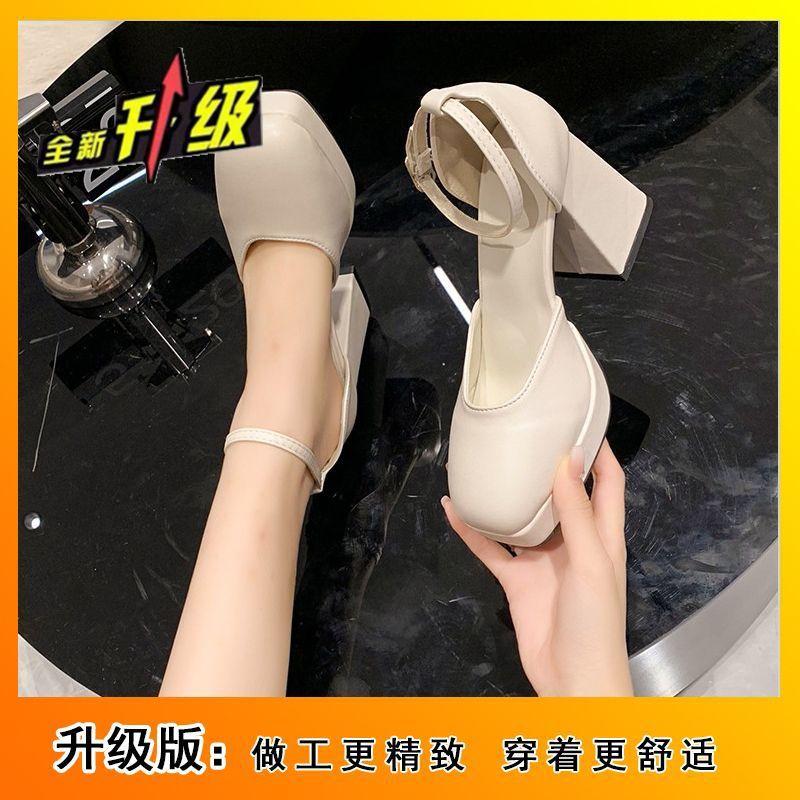 One word with fairy style high heels female 2025 new thick heel square head retro Mary Jane single shoes waterproof table shoes