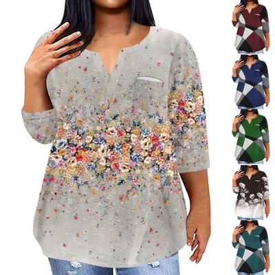 Pull décontracté à la mode pour femmes, manches trois quarts, imprimé, col en V, haut à manches 4/3