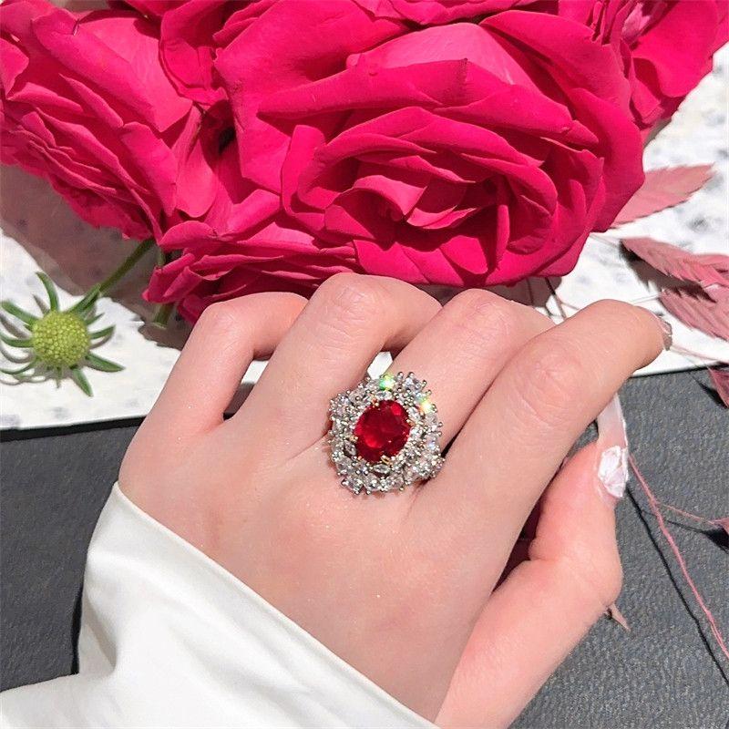 European and American Entry Lux Red Wine Stain Rose Ruby Zircon Micro-Inlaid Full Diamond Elegant Fancy Versatile Opening Ring