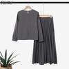 ZANZEA Completi casual da donna a due pezzi: camicetta a maniche lunghe e gonna a pieghe
