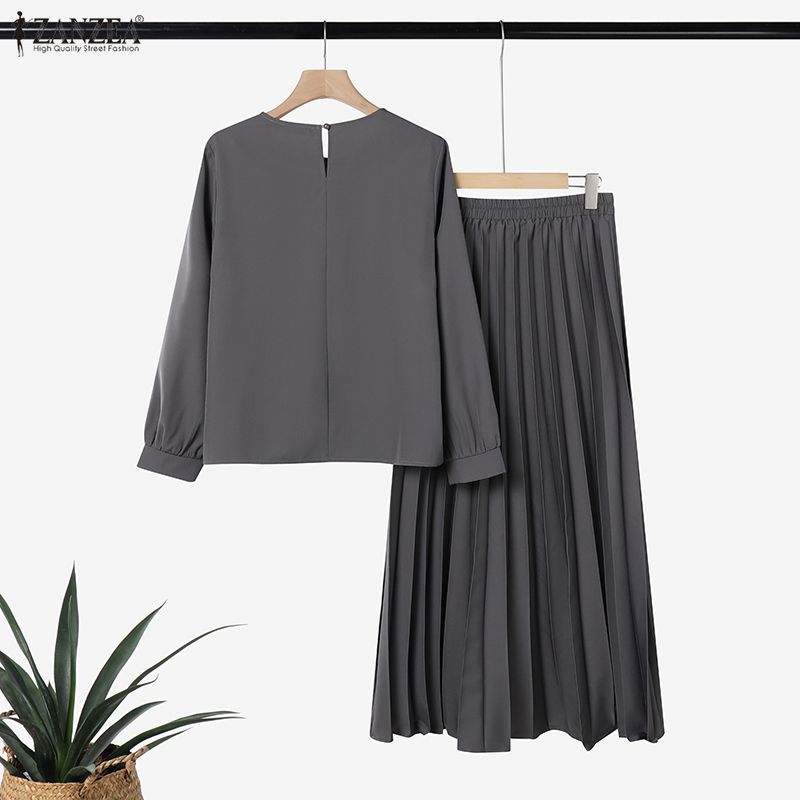 ZANZEA Completi casual da donna a due pezzi: camicetta a maniche lunghe e gonna a pieghe
