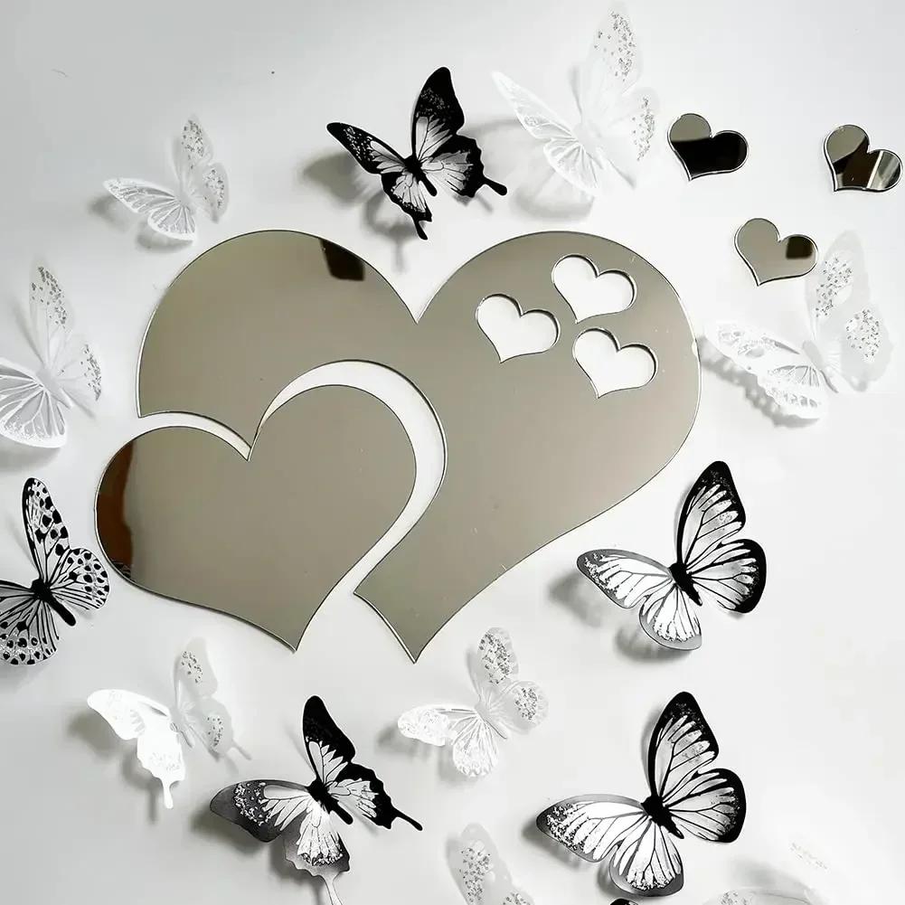 3D Glass Mirror Wall Stickers Hearts Fashion DIY Decals Self-adhesive LOVE Wedding Background Home Room Decoration Wallpaper