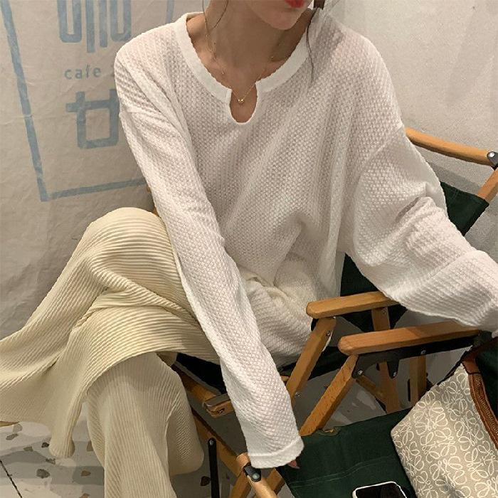 

Новая осенняя вафельная толстовка для женщин, тонкая корейская свободная студенческая футболка с длинными рукавами для женщин 2XL