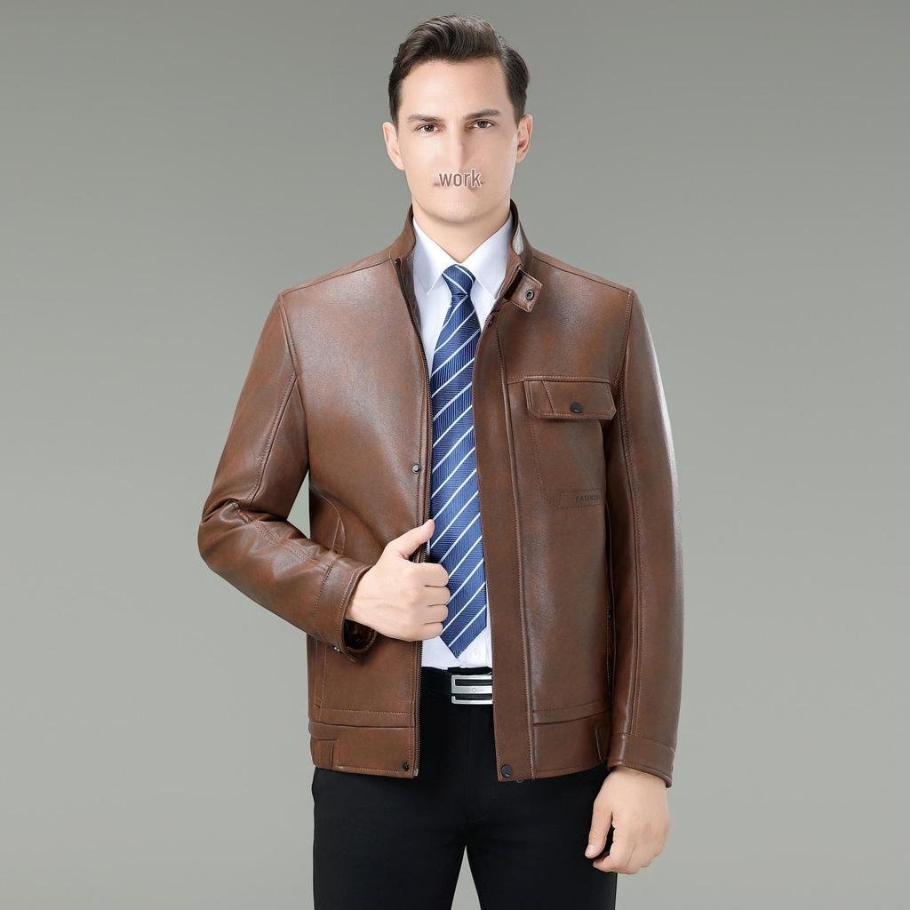 Brand Versatile Men's Stand Collar Leather Jacket, 2025 Spring/Autumn Collection - Cool Motorcycle Style for Mid-Aged and Young Men