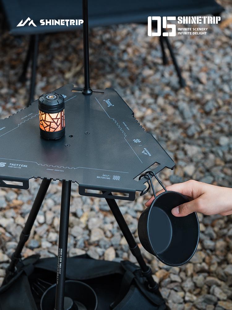 Mountain Fun Hexagonal Camping Table: Portable with 19 Lights, Lifting Storage Rack, and Detachable Aluminum Alloy Design.