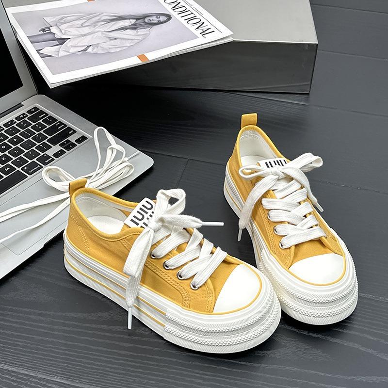 6 Platform Canvas Shoes Women's Round Head White Shoes Versatile Thin College Lace-up Summer New Models