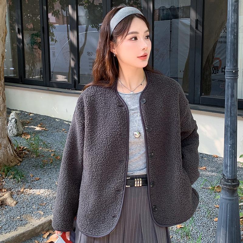 

Round Neck Imitation Cashmere Jacket for Women Autumn Winter New Polar Fleece Casual Cardigan Long-sleeved Loose Top L серый