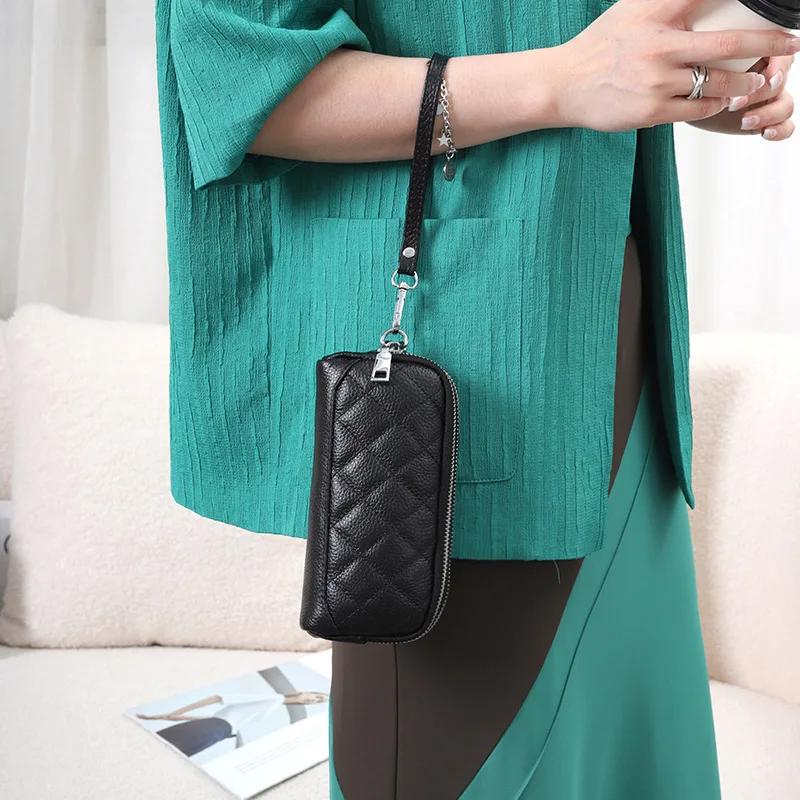Double Zipper Clutch Bag for Women Genuine Leather Coin Pocket Money Purse Women's Clutches Female Clutch Purse with Wrist Strap