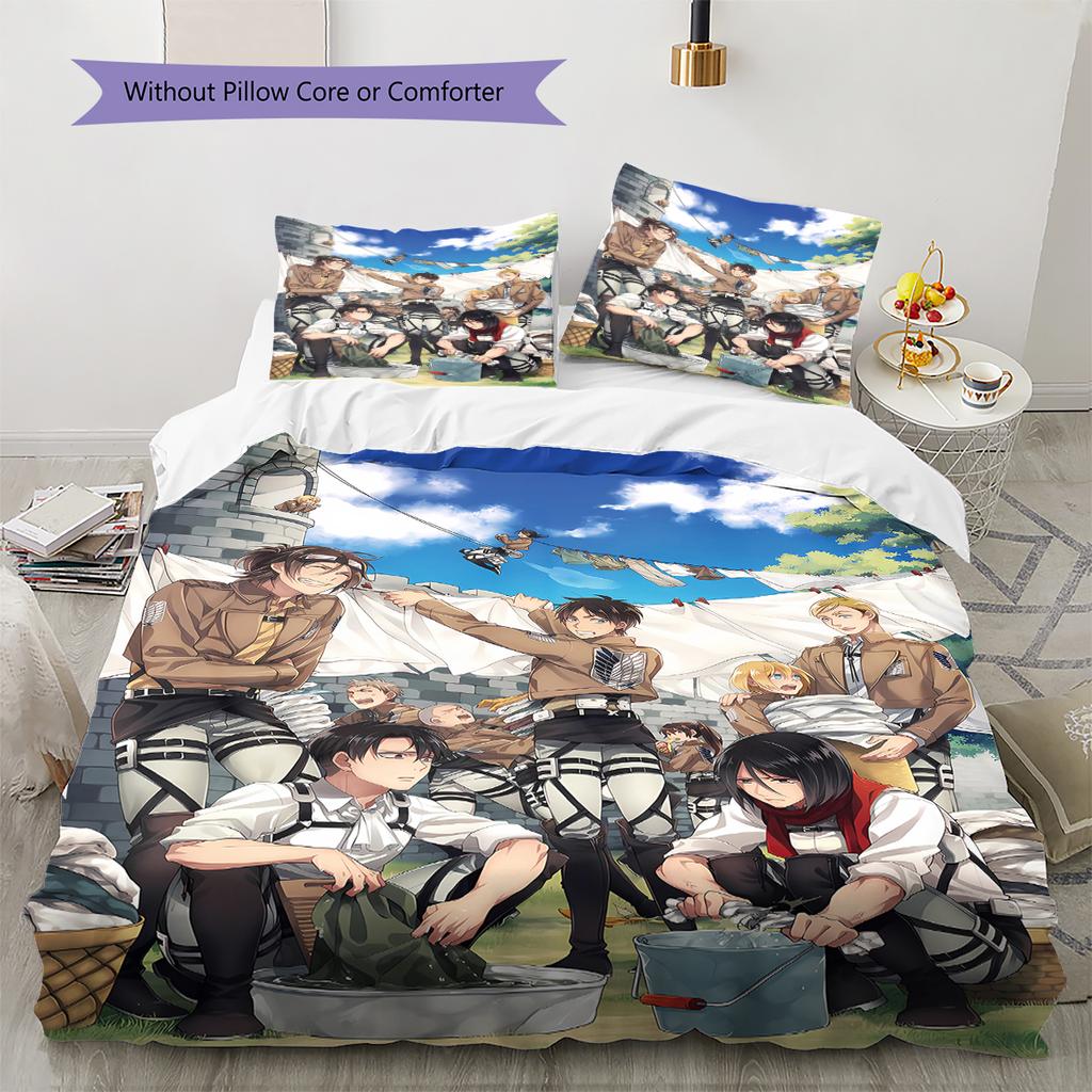 Attack On Titan Pattern Bedding,Quilt Set Quilt Cover Pillowcase Home Birthday Gift (1 * Duvet Cover + 2 * Pillowcase, Without Core)