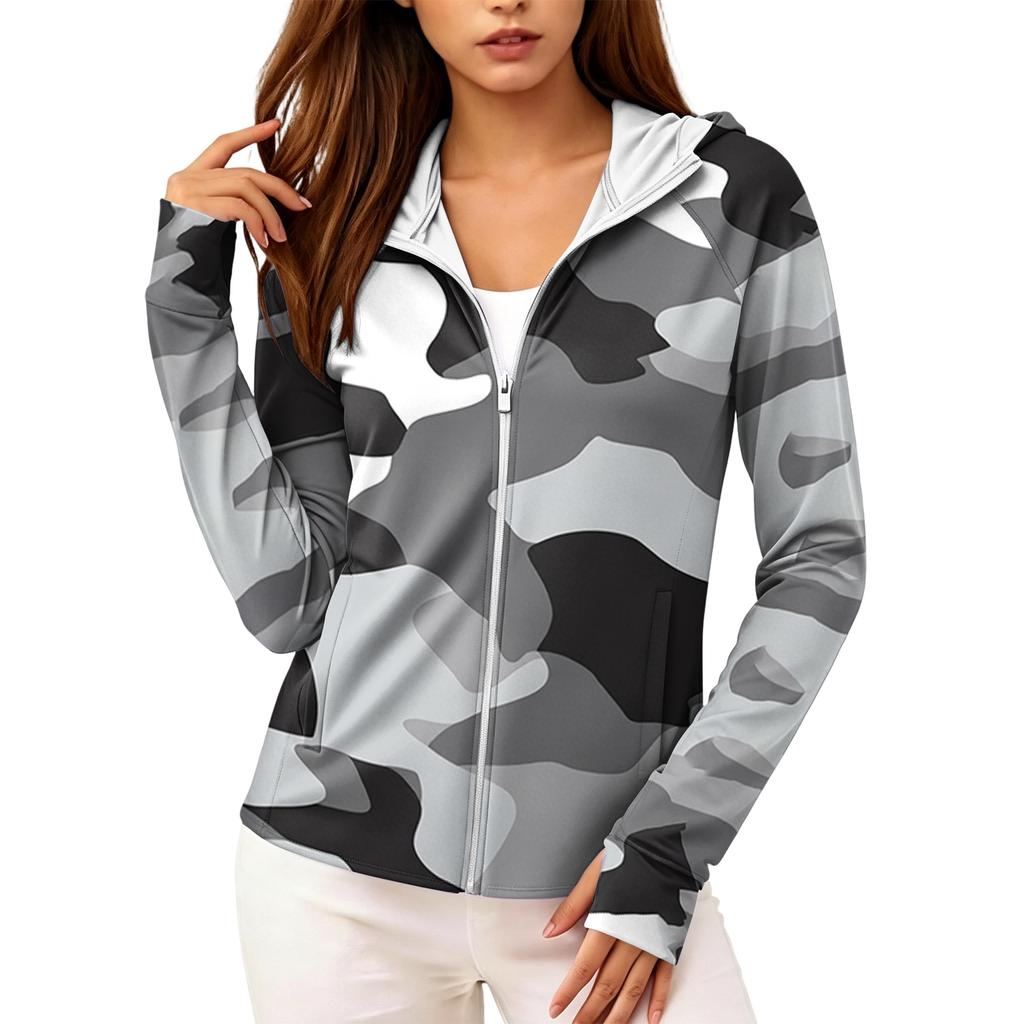 Leichte Kapuzenjacke mit Reißverschluss und Taschen für Damen, Langarm, Camouflage, Sonnenschutzjacke für Outdoor-Aktivitäten