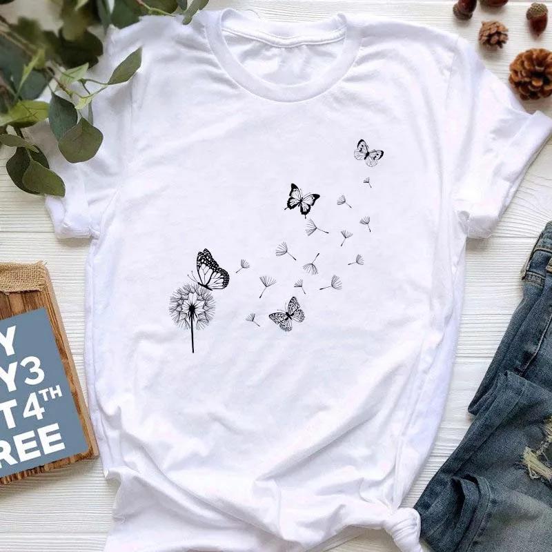 New Summer  Dandelion Butterfly Print Women Tshirt Casual White and Black T-shirt Funny T Shirt Gift for Lady Young Girl Tops