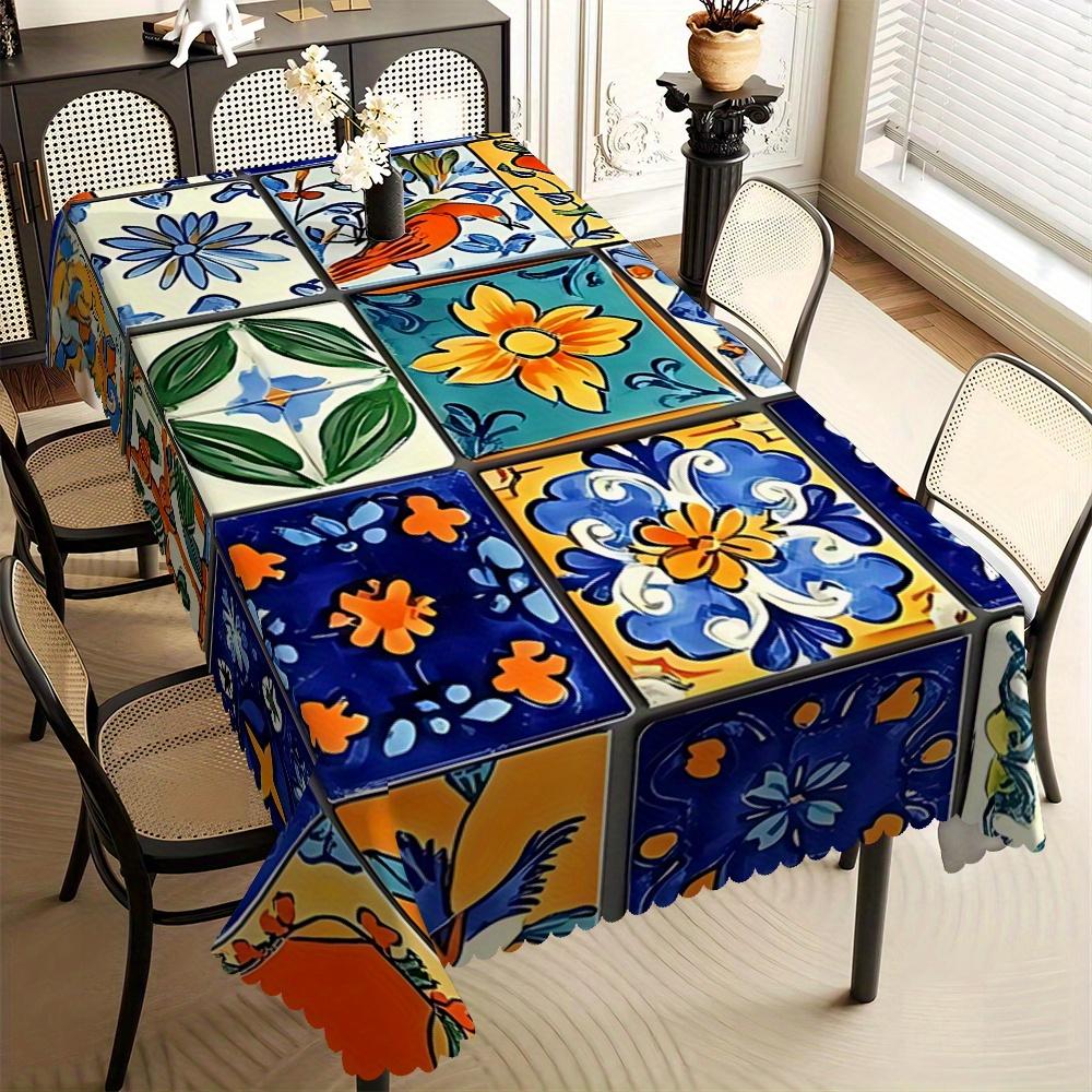 Nappe imprimée Talavera mexicaine vibrante, motif floral et d'oiseaux coloré, bord festonné, résistante aux taches pour la salle à manger 100x140cm