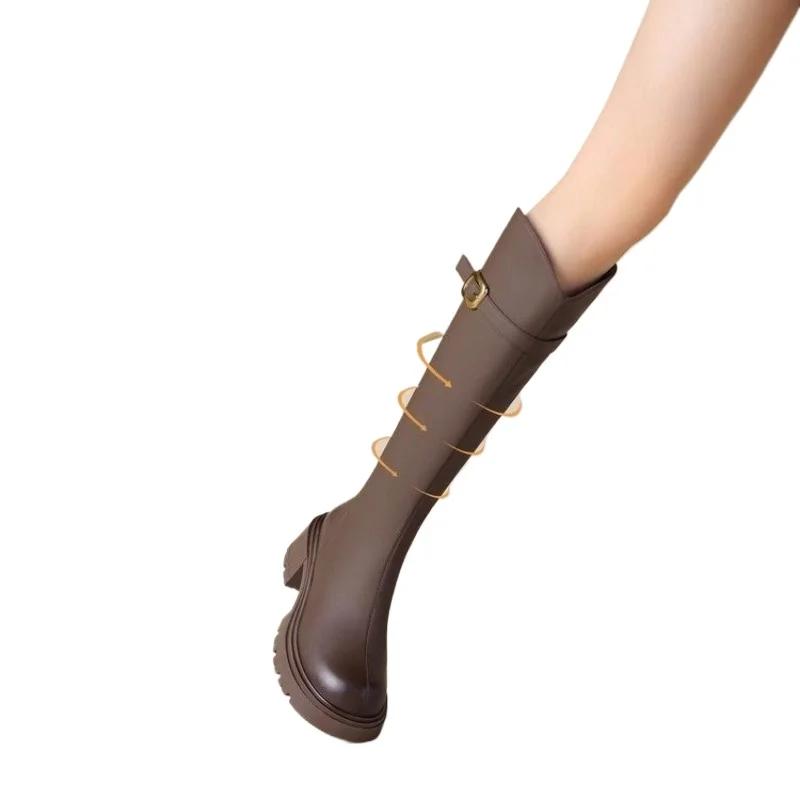 Mode 2024 Vintage Punk Stil Damen Kniehohe Stiefel Mode Plateau Dicke Ferse Schuhe Damen Prägnante Lange Botas De Mujer