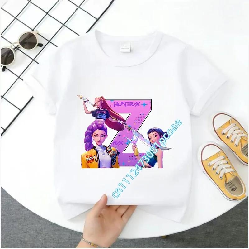 K Pop Demon Huntersd Children's Short-Sleeved Girls' Casual Shirt - Summer Pure Polyester T-Shirt with Letter A-Z Cartoon Print