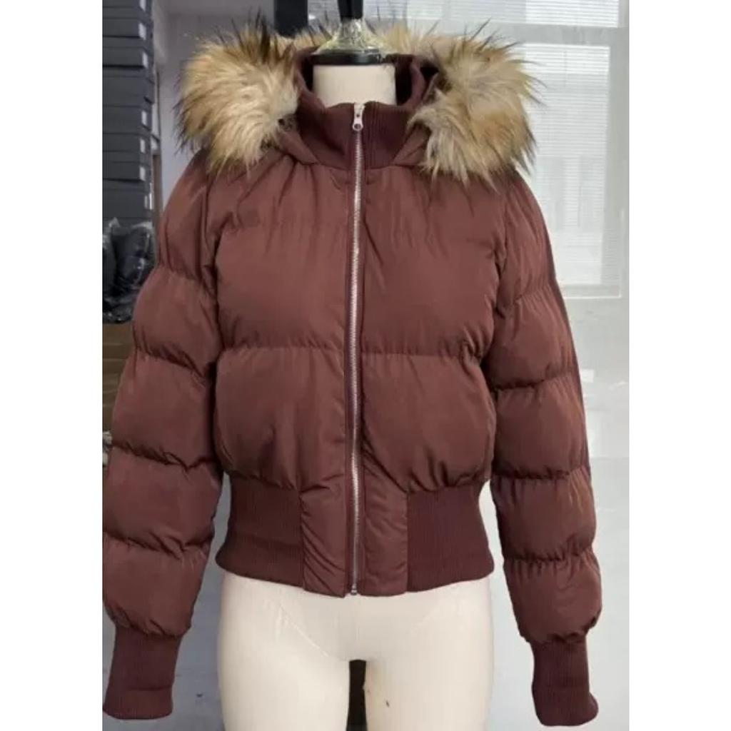 VAYLA Chic Langarm Reißverschlusstasche Cropped Jacke Mode Damen Kunstfell Kapuzen Steppmantel Winter Neu Damen Gepolsterte Oberbekleidung