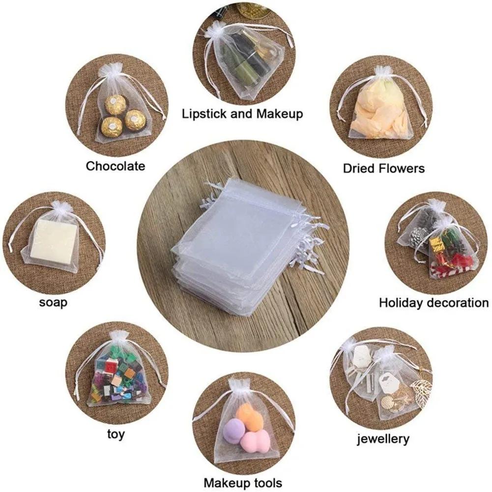 100Pcs White Organza Bags Jewelry Drawstring Pouches Wedding Party Christmas Candy Bags Jewelry Packing