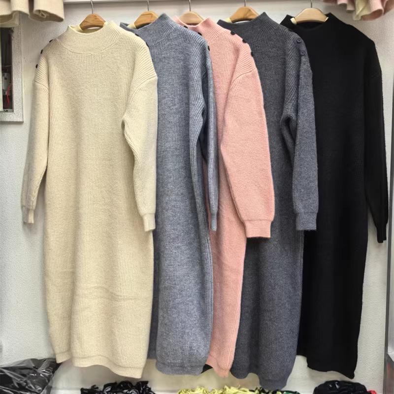 

Women s Loose Solid Color Knit Dress - Autumn/Winter Long Wool Skirt, Design Sense, Casual Style One Size розовый