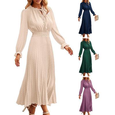 Frauen Herbst Frühling Kleid Dot Print Plissee Hohe Enge Taille Langarm Raffen Kragen Spitze Up V-ausschnitt Mid-kalb Länge Dame Midi Kleid