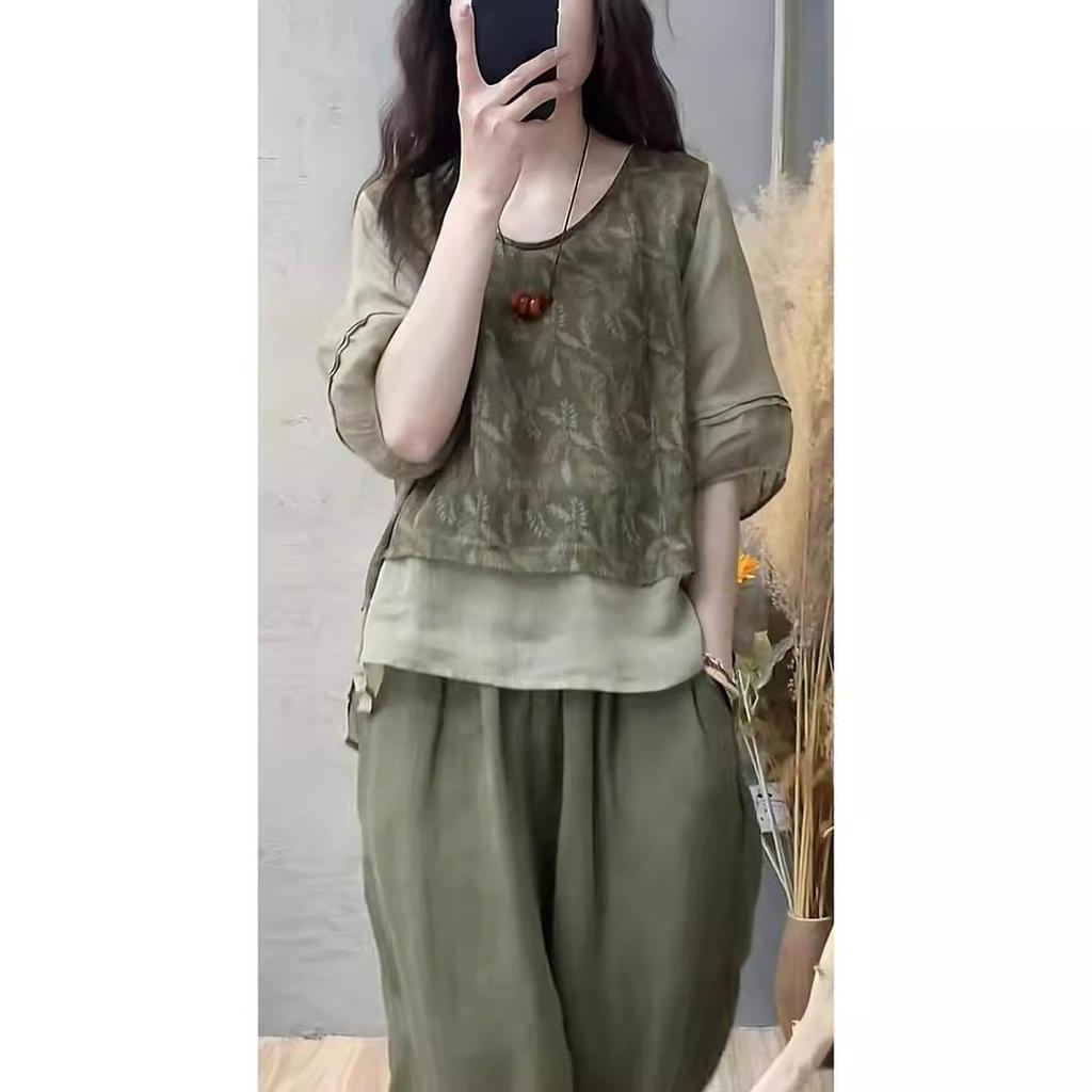 Women's Summer Sring Plus Size Breathable Lightweight Print Patchwork Fake Top + Harlan Pants Slimming Two Piece Set