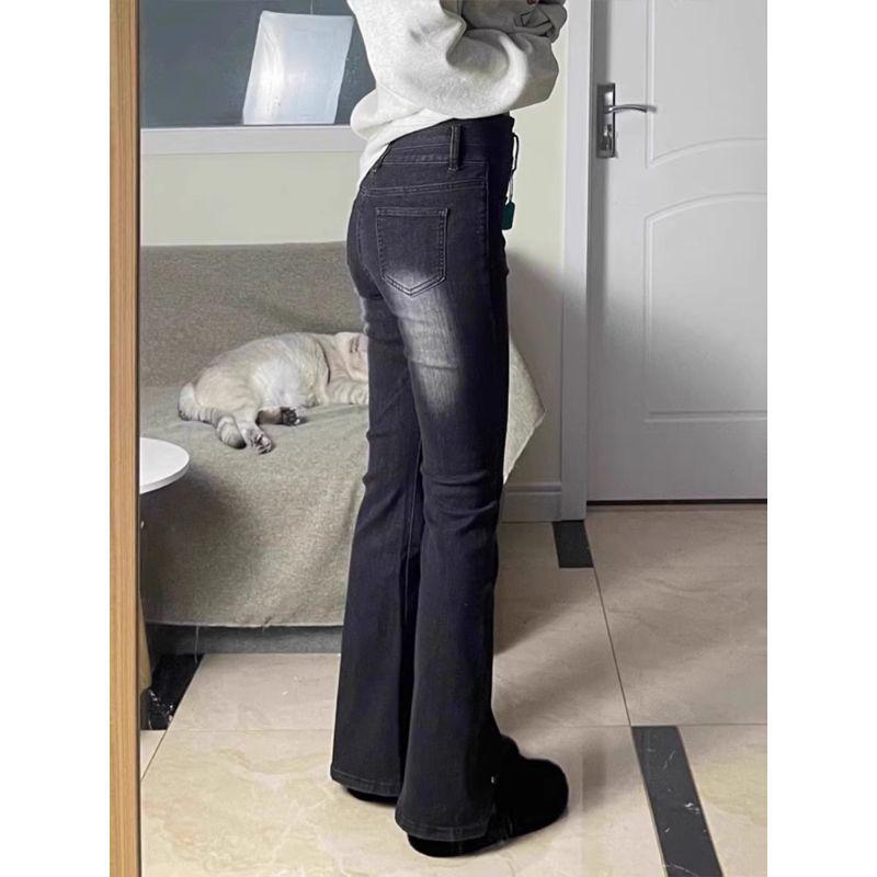 Smoke Grey High-Waisted Micro-Flare Jeans for Curvy Figures – Plus Size, Bootcut, Hip-Covering, Women's Spring/Autumn New Arrival.
