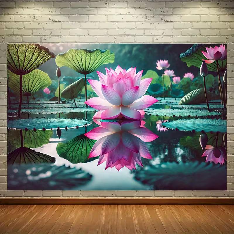 Pink Lotus Pond Tapestry, Water Lily Reflection Background Cloth, Zen Nature Wall Decor
