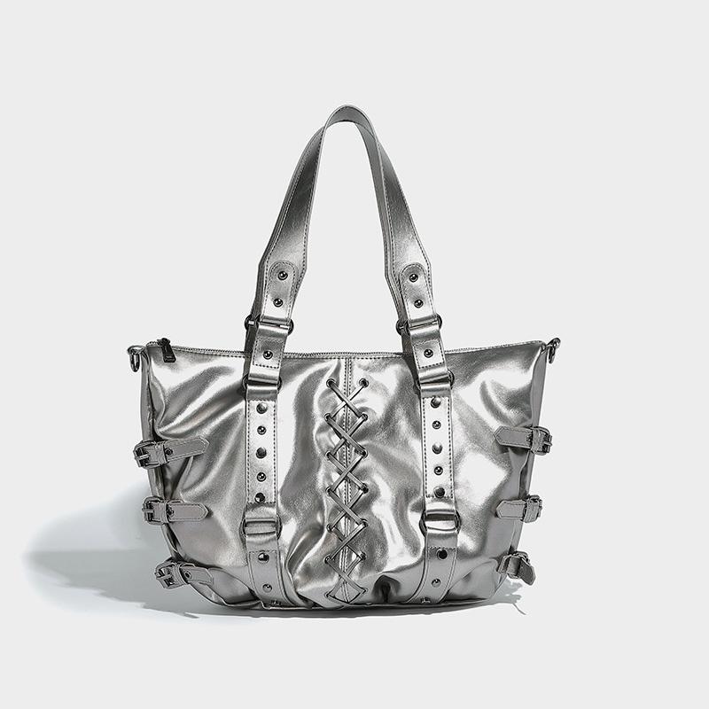Studded Vintage Handbag Luxury Glossy Pu Women's Handbag Stylish Lace-up Motorcycle Bag New Punk-style Large Capacity Tote Bag