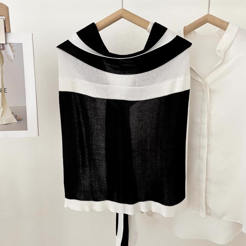 Navy Style Knitted Shawl for Women: Spring/Summer Sun Protection, Air-Conditioned Room Wear, Color Block Design, Fake Collar.
