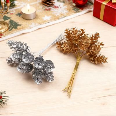 10Pcs/Bundle Gold Silver Christmas Pine Cone Artificial Plants Diy Gifts Box Wedding Decorative Flowers Home Decor Accessories