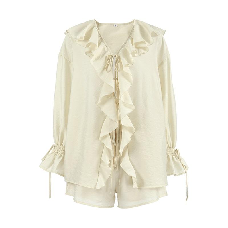 European And American Style Ruffle Hem Casual Set Spring Summer Women's Tie Cardigan Top And Shorts Design