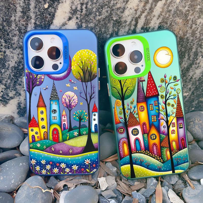 Colorful Forest Town Phone Case for Iphone 16 13 12 Pro Max 13 Mini 11 15 14 Pro Max Plus Fashion Laser Shockproof Back Cover